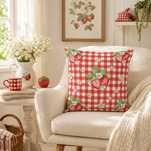 Red Gingham Strawberry Cottagecore Farmhouse Throw Pillow