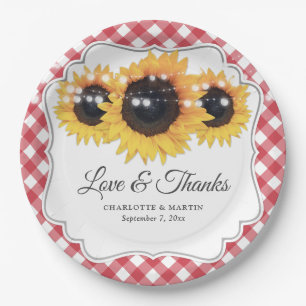 Red Gingham Sunflower Love and Thanks Wedding Paper Plate