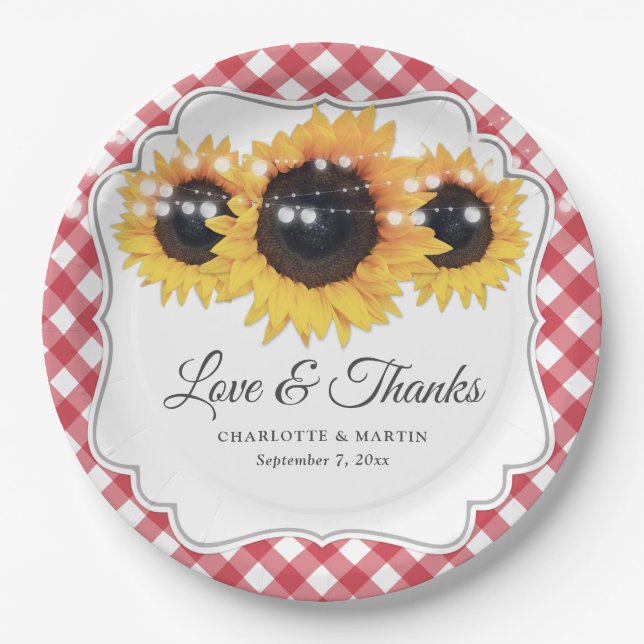 Red Gingham Sunflower Love and Thanks Wedding Paper Plate (Front)