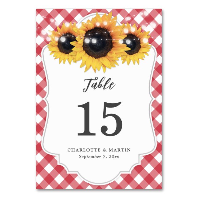 Red Gingham Sunflower Wedding Table Number Card (Front)
