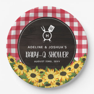 Red Gingham & Sunflowers Rustic Baby-Q Shower Paper Plate