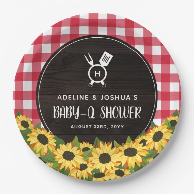 Red Gingham & Sunflowers Rustic Baby-Q Shower Paper Plate (Front)