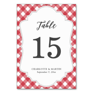 Red Gingham Wedding Table Number Card