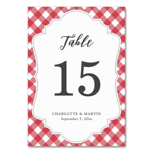 Red Gingham Wedding Table Number Card (Front)