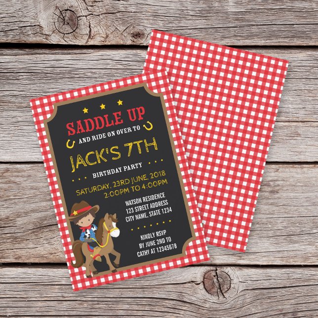 Red Gingham Wild West Tan Cowboy Birthday Invitation (Creator Uploaded)