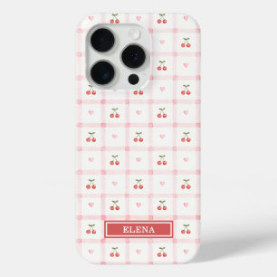 Red Gingham with Cherries and Bows Monogrammed iPhone 15 Pro Case