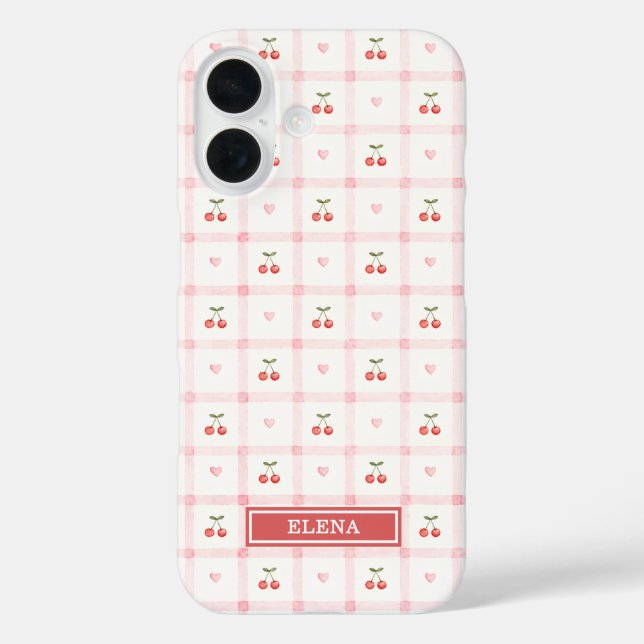 Red Gingham with Cherries and Bows Monogrammed Case-Mate iPhone Case (Back)