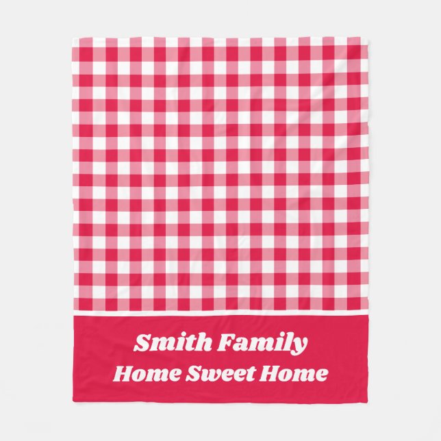 Red Gingham with Red Name Border Fleece Blanket (Front)