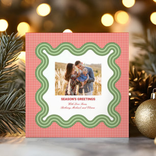 Red Gingham with Wavy Green Border Photo & Letter Holiday Card