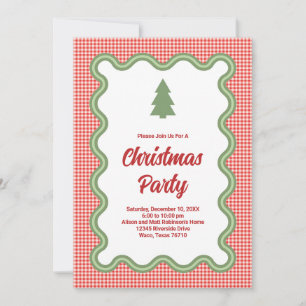 Red Gingham with Wavy Green Border Photo Seasonal Invitation
