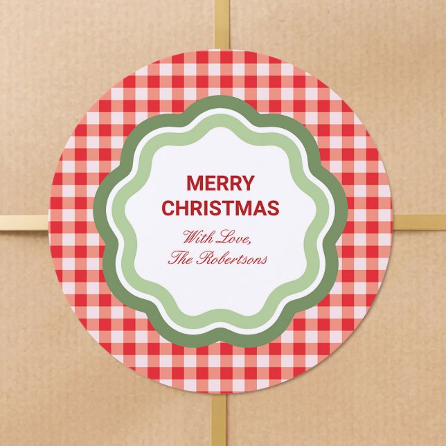 Red Gingham with Wavy Green Frame Personalized Classic Round Sticker (Creator Uploaded)