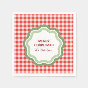 Red Gingham with Wavy Green Frame Personalized Napkin