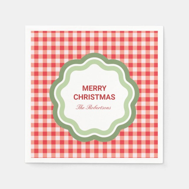 Red Gingham with Wavy Green Frame Personalized Napkin (Front)