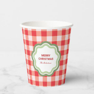 Red Gingham with Wavy Green Frame Personalized Paper Cups