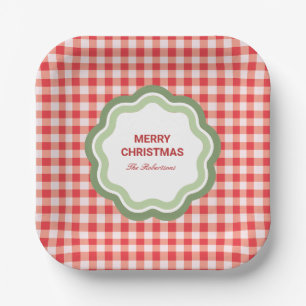 Red Gingham with Wavy Green Frame Personalized Paper Plate