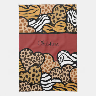 Red Girly animal print hearts with a name Kitchen Towel