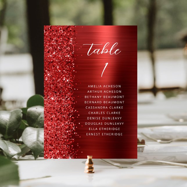 Red Glam Glitter Metallic Script Wedding Table Number (Creator Uploaded)