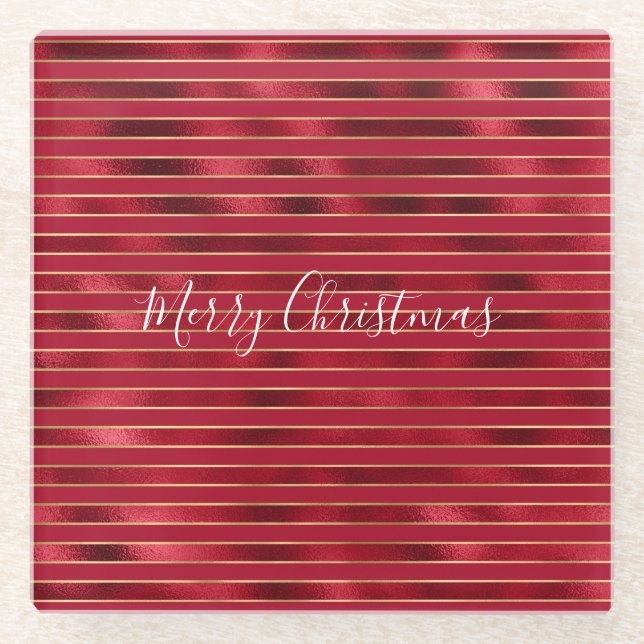 Red Glam Gold Stripes Glass Coaster (Front)