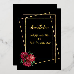 Red Glam Roses and Black and Gold Foil Invitation