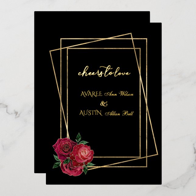 Red Glam Roses and Black and Gold Foil Invitation (Front/Back)