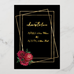 Red Glam Roses and Black and Gold Foil Invitation
