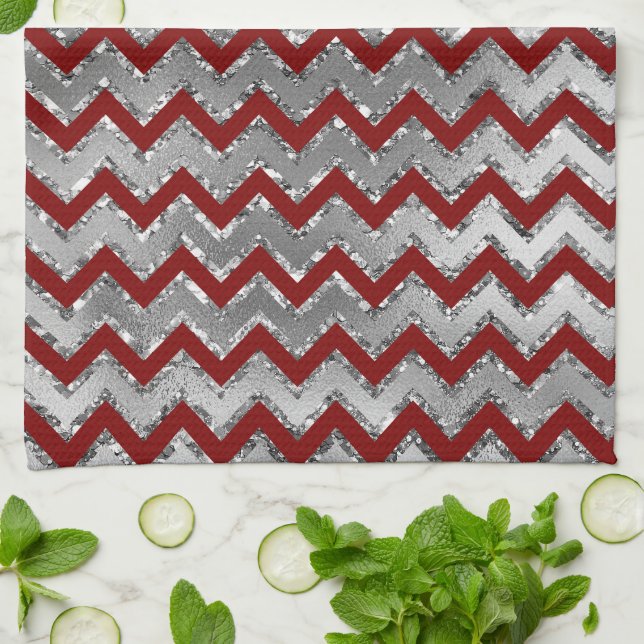 Red Glam Silver White Zigzag Stripes Kitchen Towel (Folded)