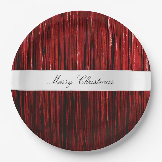 Red Glam Tinsel Stripes Paper Plate (Front)