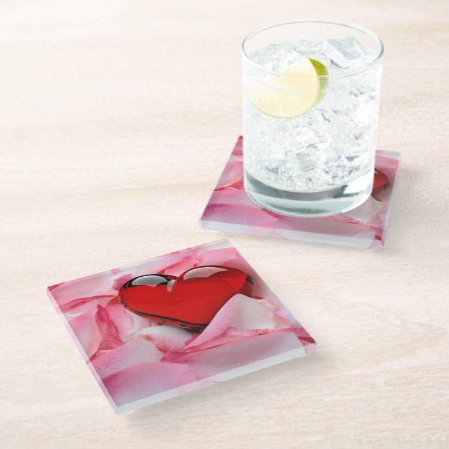 Red Glass Heart Rose Petals Glass Coaster (Angled)