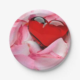 Red Glass Heart Rose Petals Paper Plate