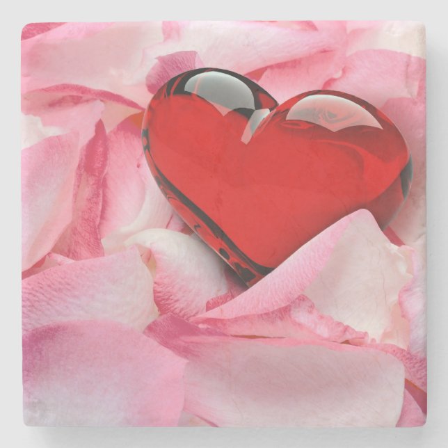 Red Glass Heart Rose Petals Stone Coaster (Front)
