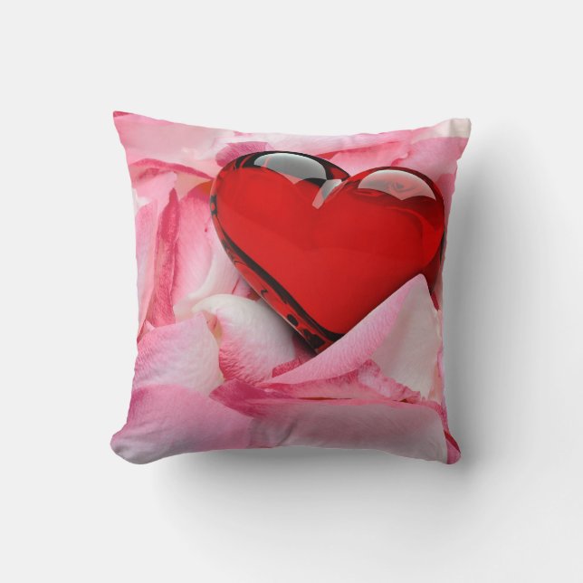 Red Glass Heart Rose Petals Throw Pillow (Front)