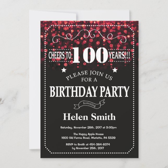 Red Glitter 100th Birthday Invitation (Front)