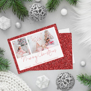 Red Glitter 2 Photo Script Merry Christmas Card