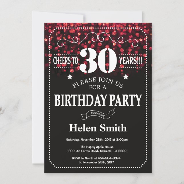 Red Glitter 30th Birthday Invitation (Front)