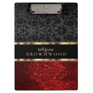 Red Glitter and Black Damask Clipboard