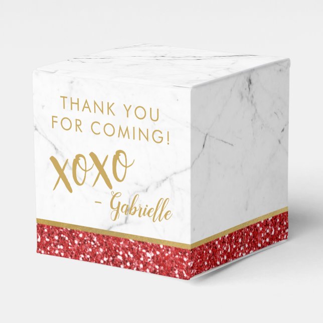 Red Glitter and Gold Marble Personalized Party Favor Box (Front Side)