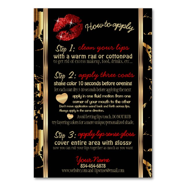 Red Glitter and Marble Lip Instructions Table Number (Front)