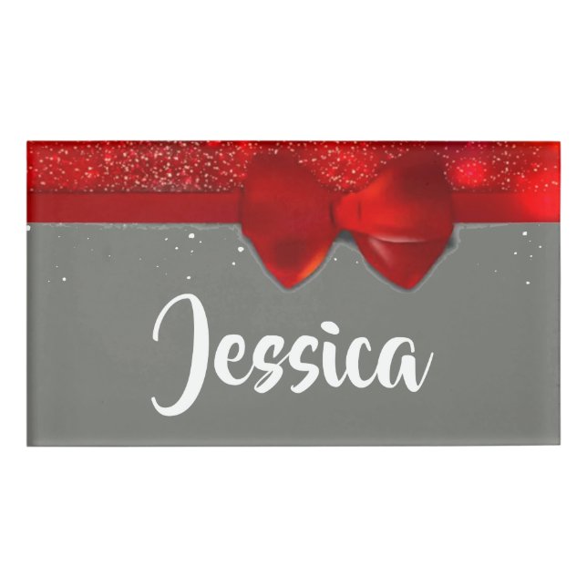 Red glitter and ribbon print name tag (Front)