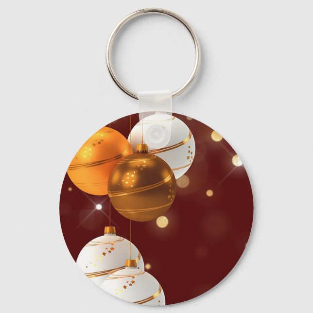 Red Glitter Background With Christmas Balls Keychain (Front)