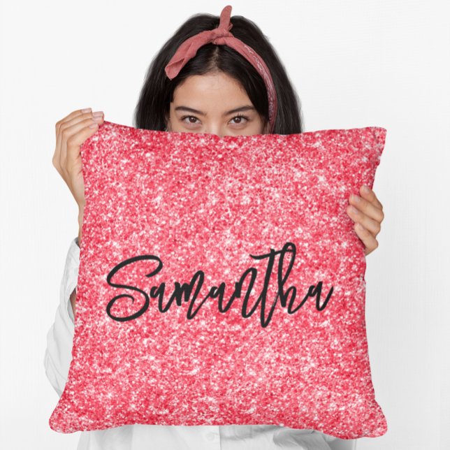 Red Glitter Black Brush Script Throw Pillow (Creator Uploaded)