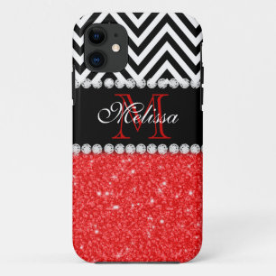 RED GLITTER BLACK CHEVRON MONOGRAMMED iPhone 11 CASE