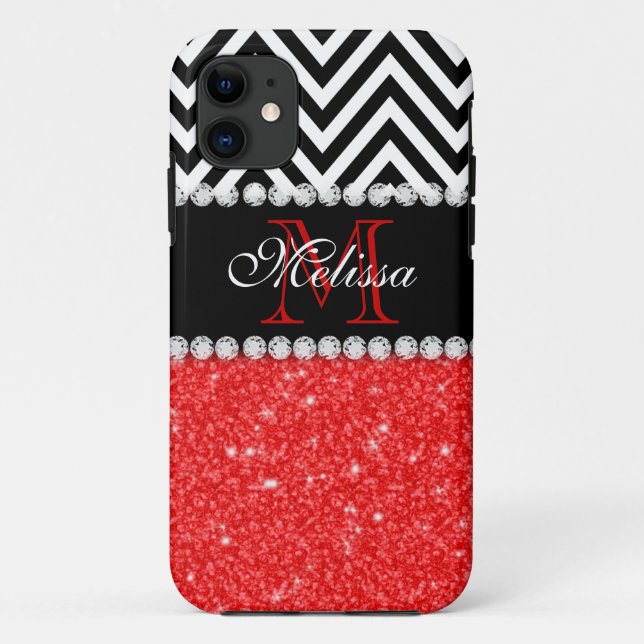 RED GLITTER BLACK CHEVRON MONOGRAMMED Case-Mate iPhone CASE (Back)