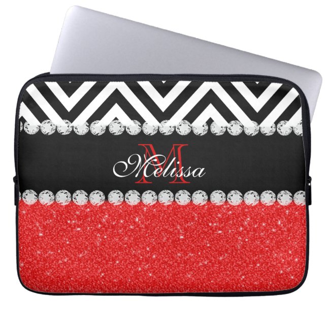 RED GLITTER BLACK CHEVRON MONOGRAMMED LAPTOP SLEEVE (Front)