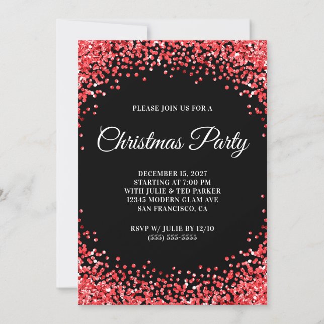 Red Glitter Border Black Christmas Party Invitation (Front)