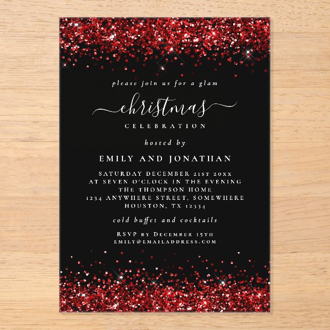 Red Glitter Border Christmas Black Acrylic Acrylic Invitations (Front)