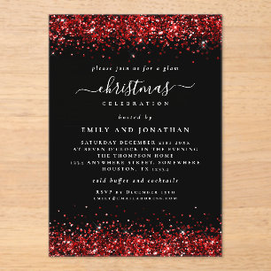 Red Glitter Border Christmas Black Acrylic Invitations