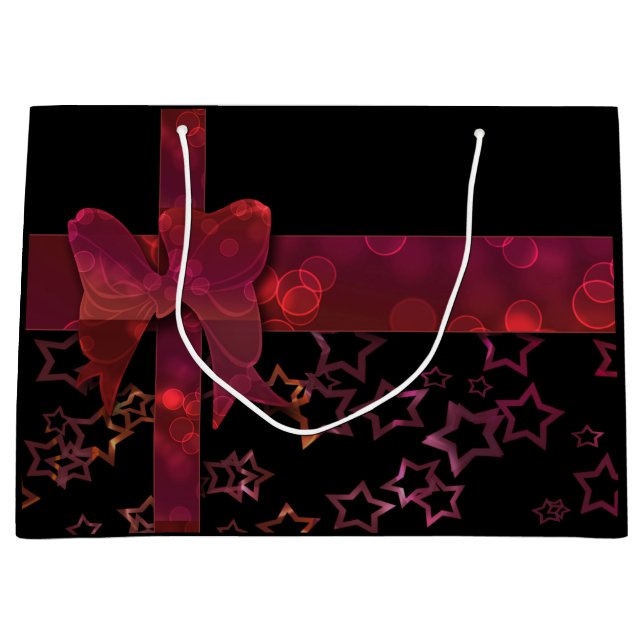 Red glitter bow and stars on black large gift bag (Front)