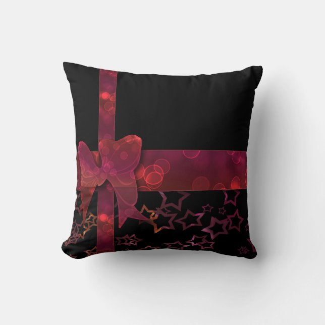 Red glitter bow and stars on black throw pillow (Front)