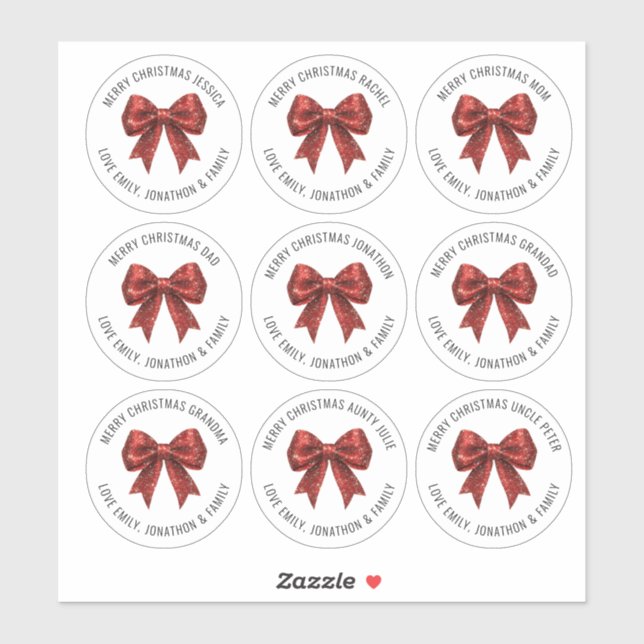 Red Glitter Bow Individual Names Merry Christmas (Sheet)