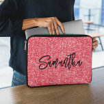 Red Glitter Brush Script Name Laptop Sleeve<br><div class="desc">Create your own bright red luxury glitter with name or monogram.
Customize the brush script font calligraphy style and size.
There are other font styles in the system.
Move,  duplicate or delete the faux sparkle graphic.</div>